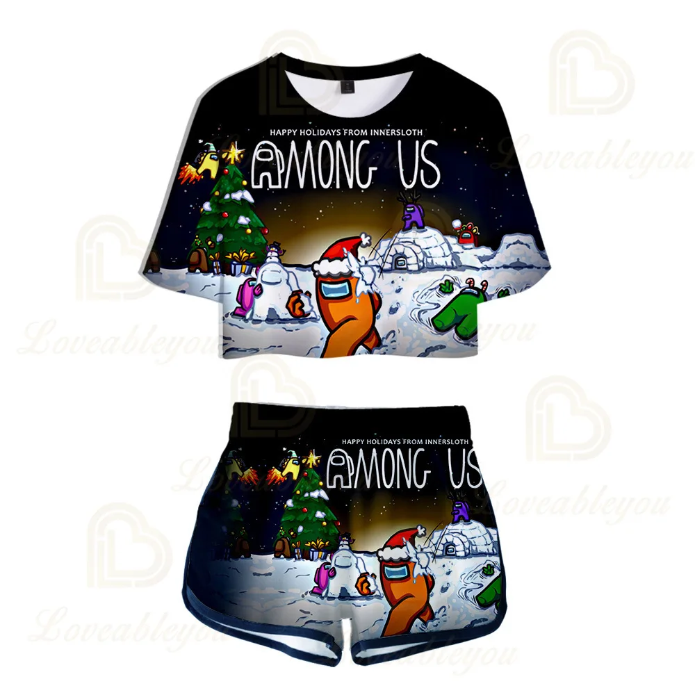 

2020 New 3D Print Crop T-shirt Set Hot Game Summer Sexy Crop T-shirt Shorts Women Two- Piece Set Tee Tops Shorts