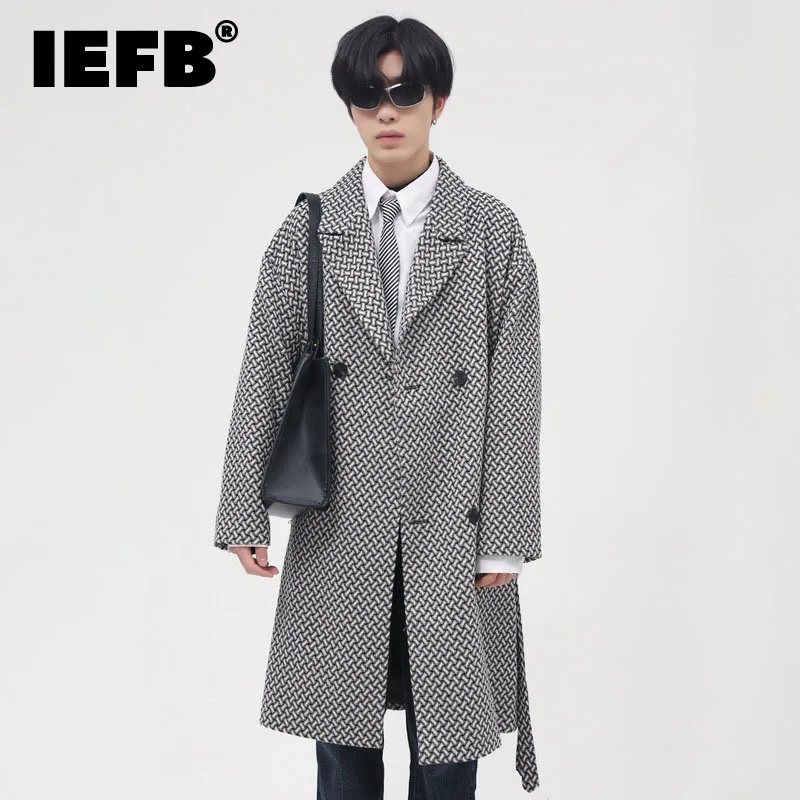 

Мужской утепленный плащ средней длины IEFB, Осень-зима 2021, новая уличная одежда, свободная двубортная ветровка в клетку, 9D1290