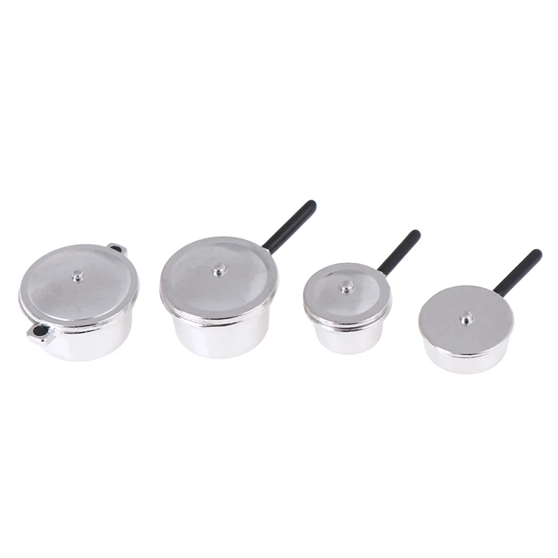 

4Pcs 1:12 Mini Metal pots and pans Mini Simulation Kitchen Decoration Miniature Silver Soup Pan Dollhouse Miniature Accessories
