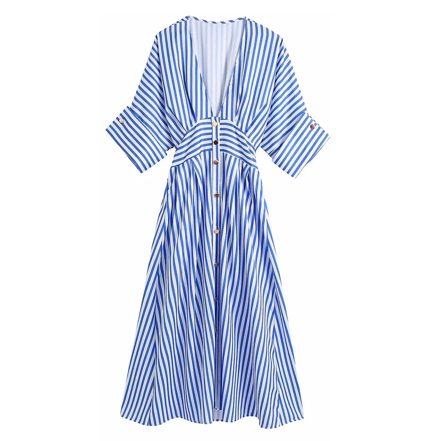 

High Waist Striped Short Sleeve Dress Women's Blue Korean Fashion V Neck Long Dress Female A Line Button Up Dress