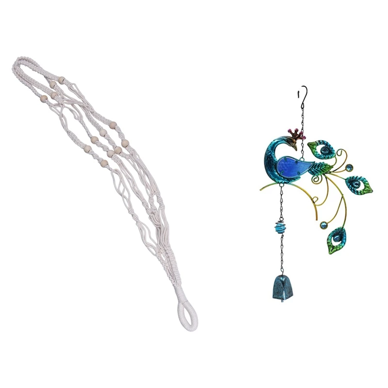 

2 Pcs Flowe Pot Holder Cotton Rope with Beads No Tassels & 1 Pcs 3D Rotating Wind Chimes Decoration