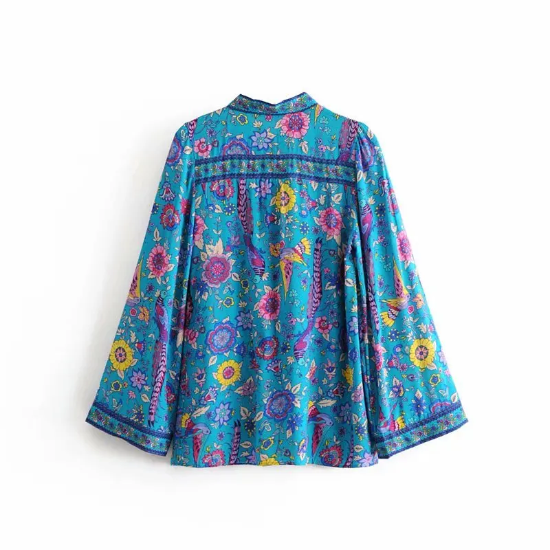 Винтажная шикарная женская блузка в богемном стиле с цветочным принтом павлина