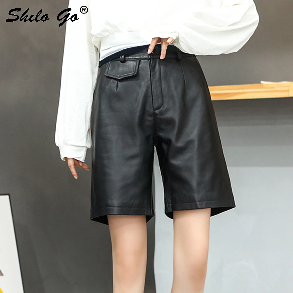 

Safari Knee Pants Womens Winter Flap Pocket Detail Genuine Leather Pants Casual Minimalist Solid Button Front Sheepskin Shorts