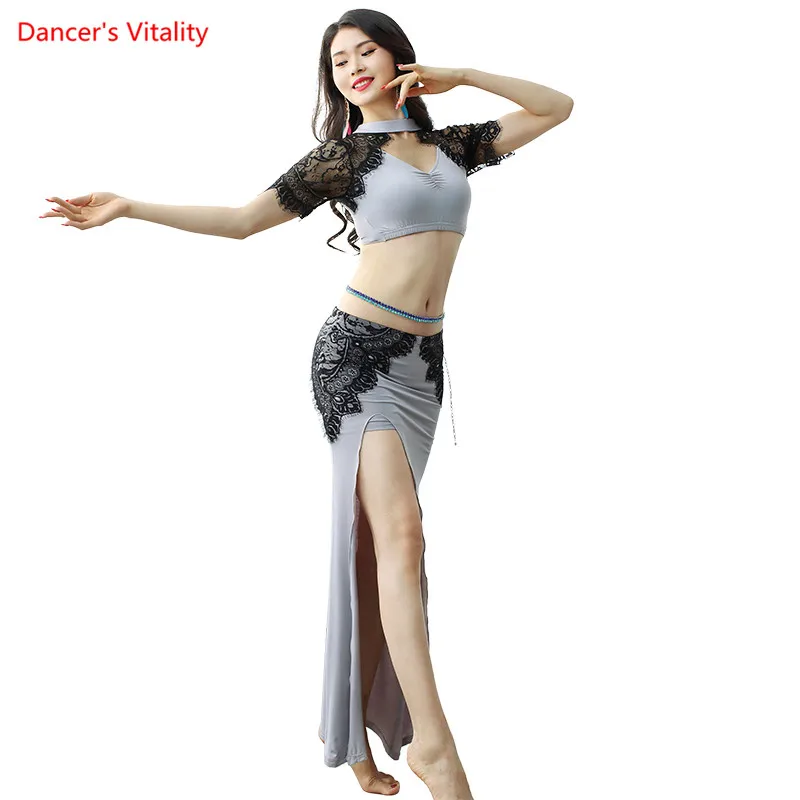 

Belly Dance Female Adult Elegant Top Practice Clothes Set Sexy Lace Stitching Modal Shirt Long Skirt Performance Clothing Suit