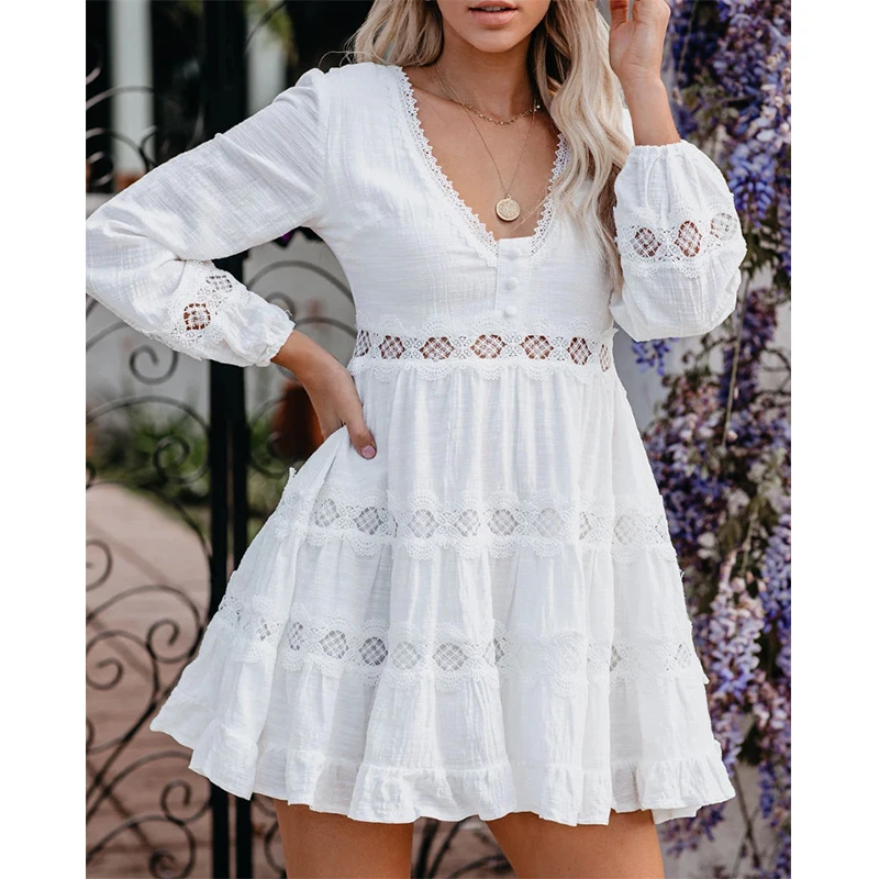 

Women White Lace Hollow Out Patchwork Long Sleeve Dress 2021 Spring Ladies Casual V-Neck A-Line Mini Dress Party Vestidos