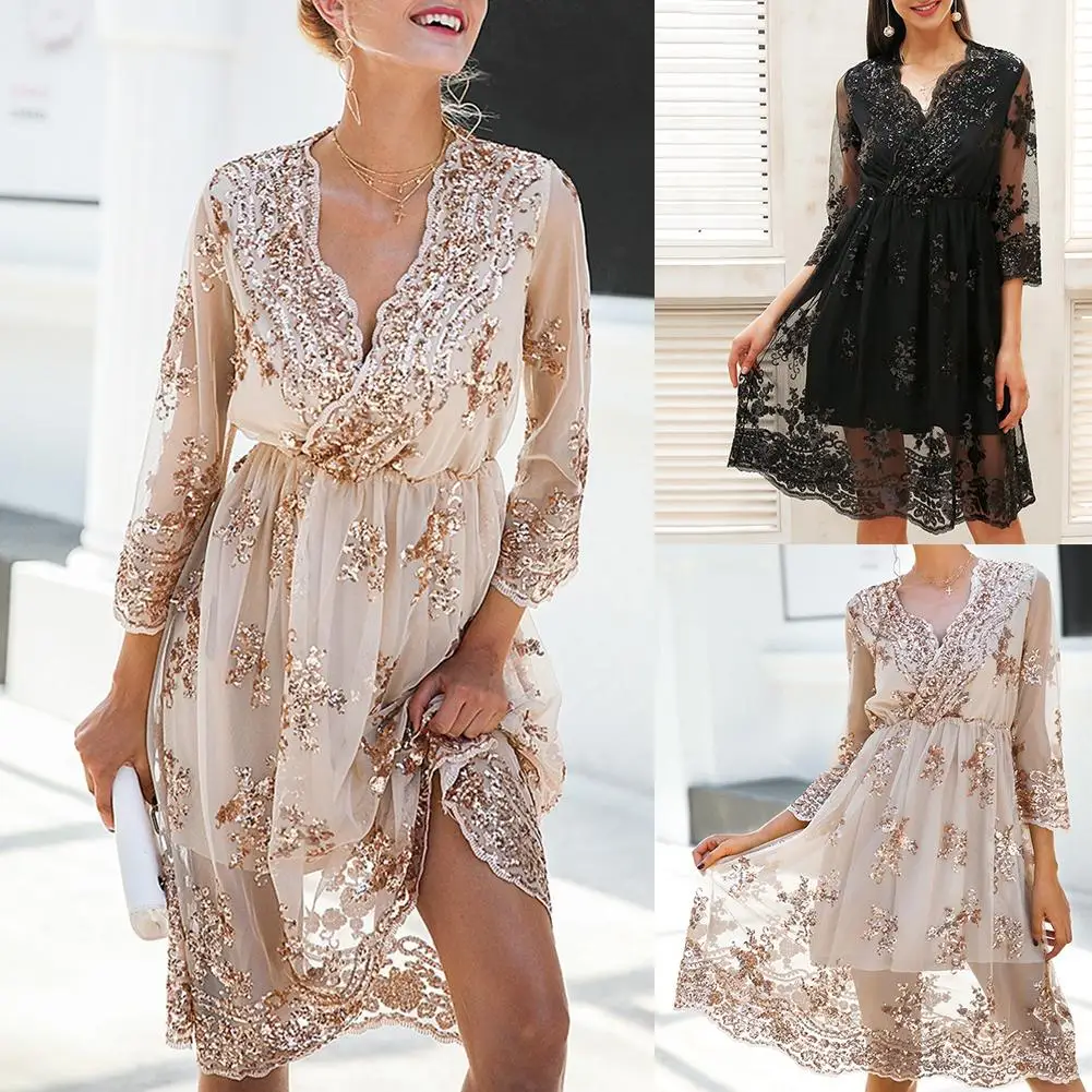 

Sexy Women Sequin Mesh Deep V 3/4 Sleeve Embroidery Dress Elastic Waist Midi Dress Evening Party Dresses