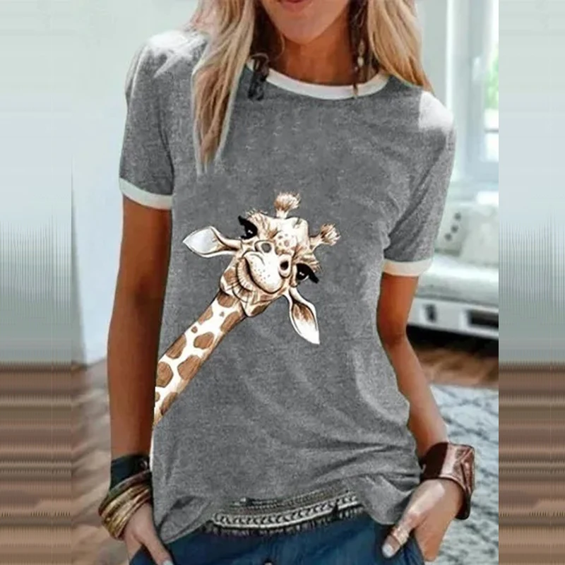 

Plus Size Giraffe Graphic T-Shirts Women Casual Cute O Neck Short Sleeve Y2k Tees Top Lovely Tshirts Lady Summer Clothing Winter