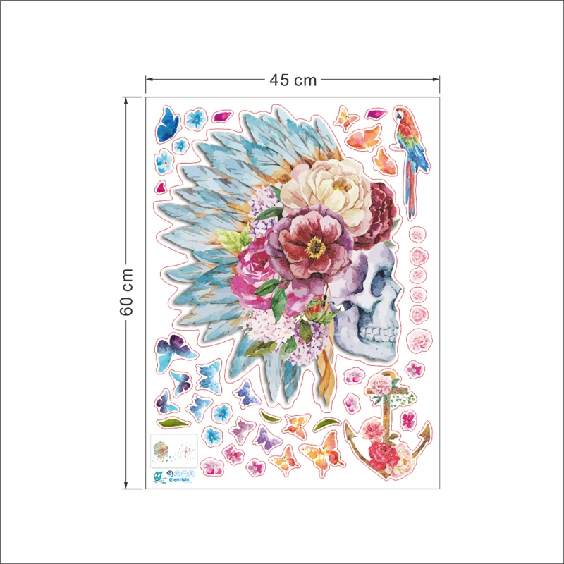 

Floral Skeleton Skull Head Butterfly Birds Pattern Wall Art Stickers For Store Office Halloween Home Decoration 3d Pvc Decals