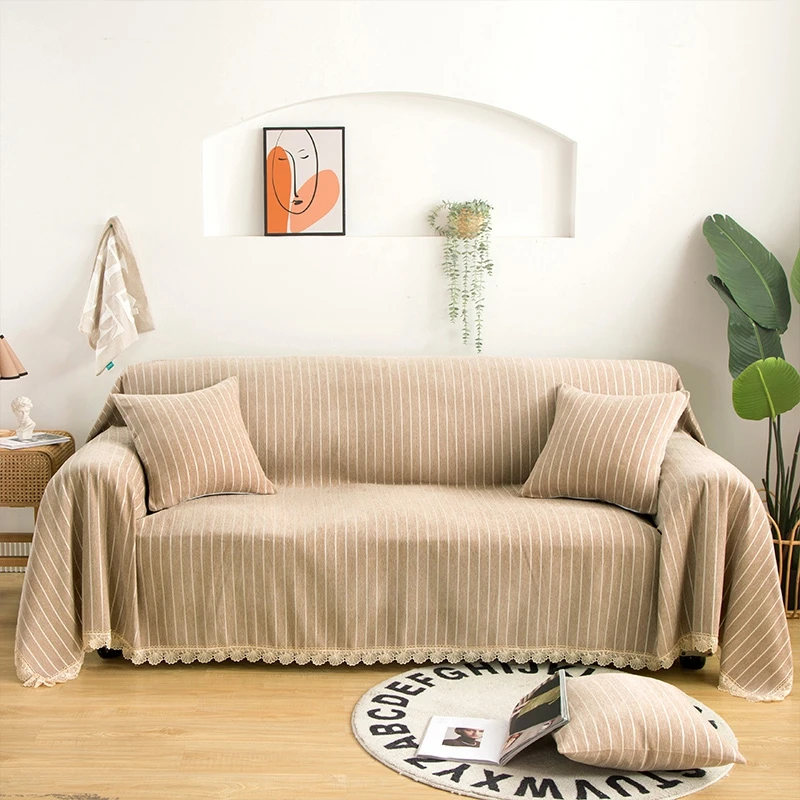 

North Stripe Lace Edge Sofa Towel Non-slip Sofa Couch Cover Armchair Sectional Slipcover Home Decoration Blanket