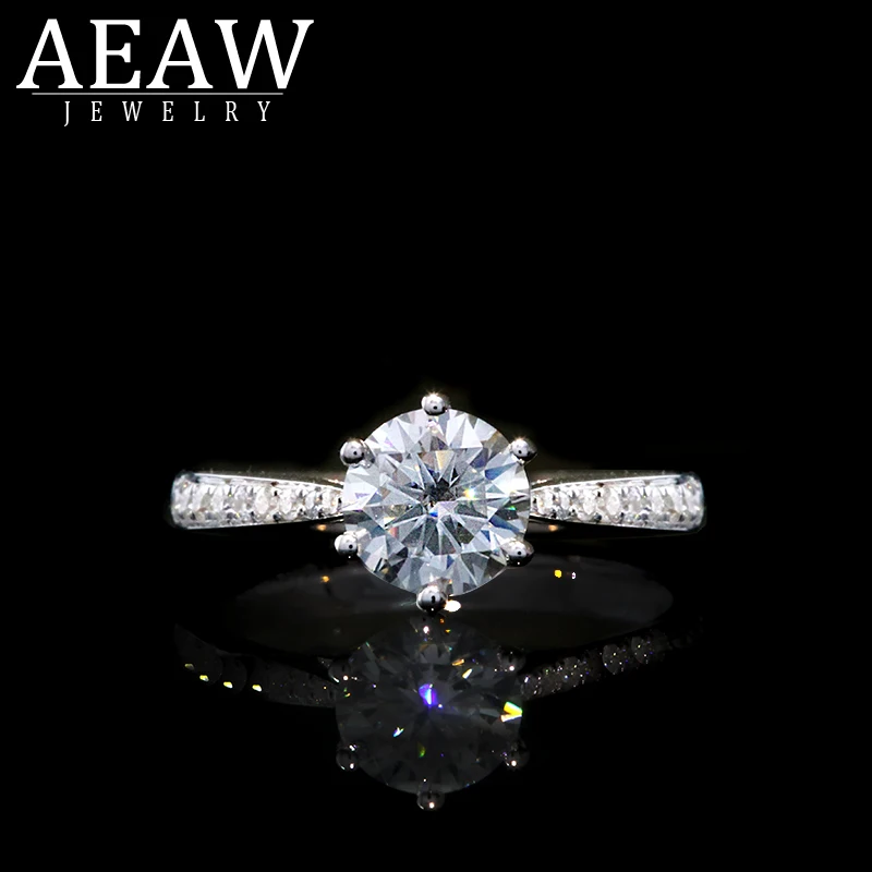 AEAW 14K кольцо из белого золота с муасанитом 1.0ct круглый вырез бриллиант Муассанит