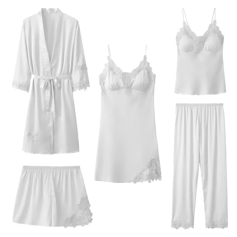 

Sexy Lace Pajamas Set Women Satin 5PCS Sleepwear Spring Summer Sleep Set Femme Casual Pijamas Suit Silky New Pyjamas Pour