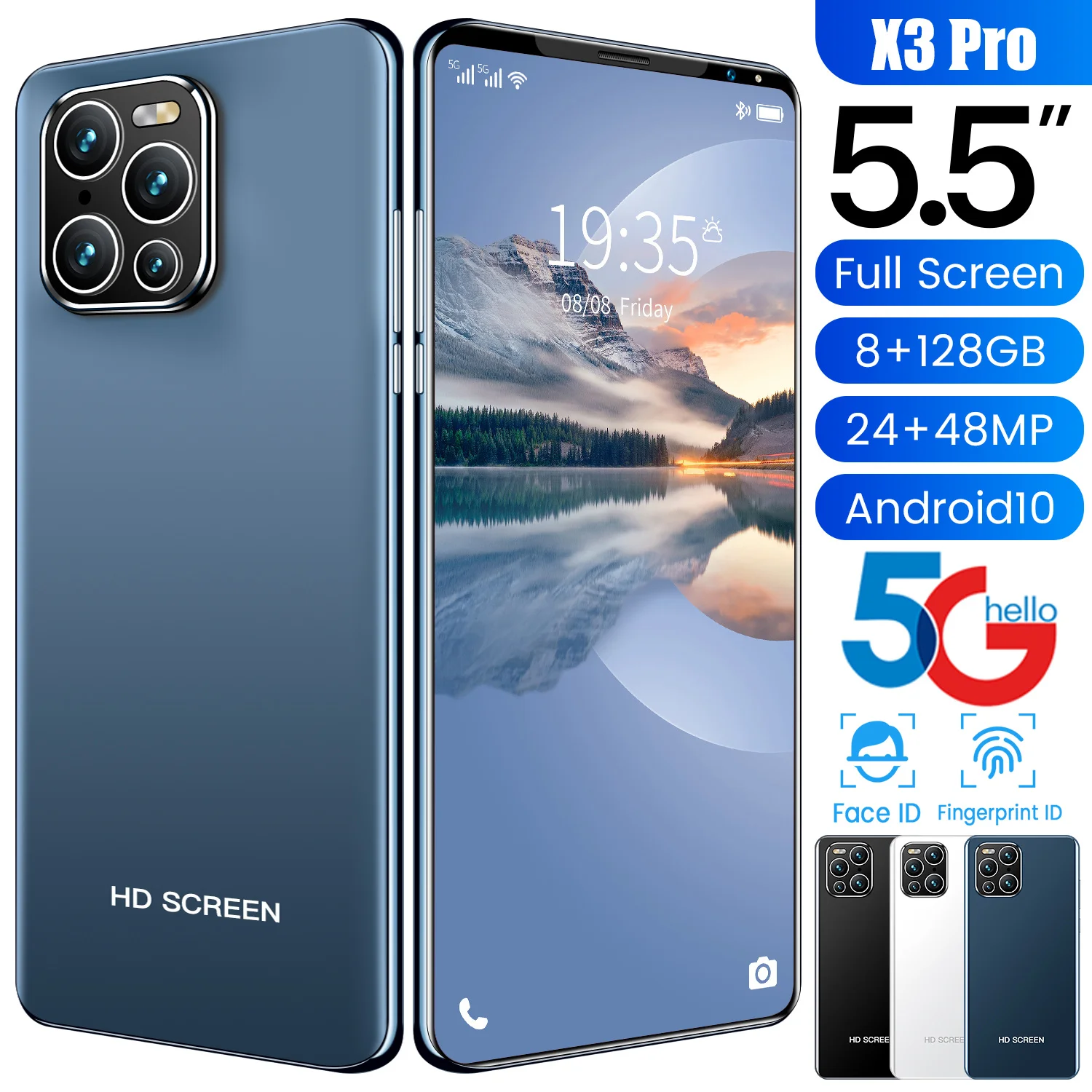 

New Arrival X3 Pro 5.5Inch 24MP+48MP MT6889 10Core 5G Smartphone 5600MAH 8+128GB Finger Face ID Double SIM Card Android 10.0