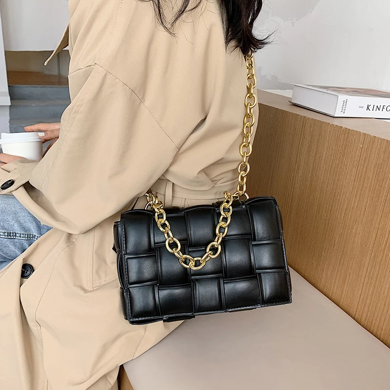 

Women Crossbody Bag Weave Flap Bags For Women 2021 Quality Leather Thick Chain Shoulder Messenger Bags Female Handbag And Purse