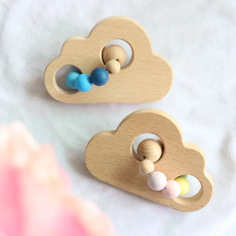 

Baby Teething Wooden Rattle Cloud Silicone Beads Teether Newborn Nursing Chewing 63HE
