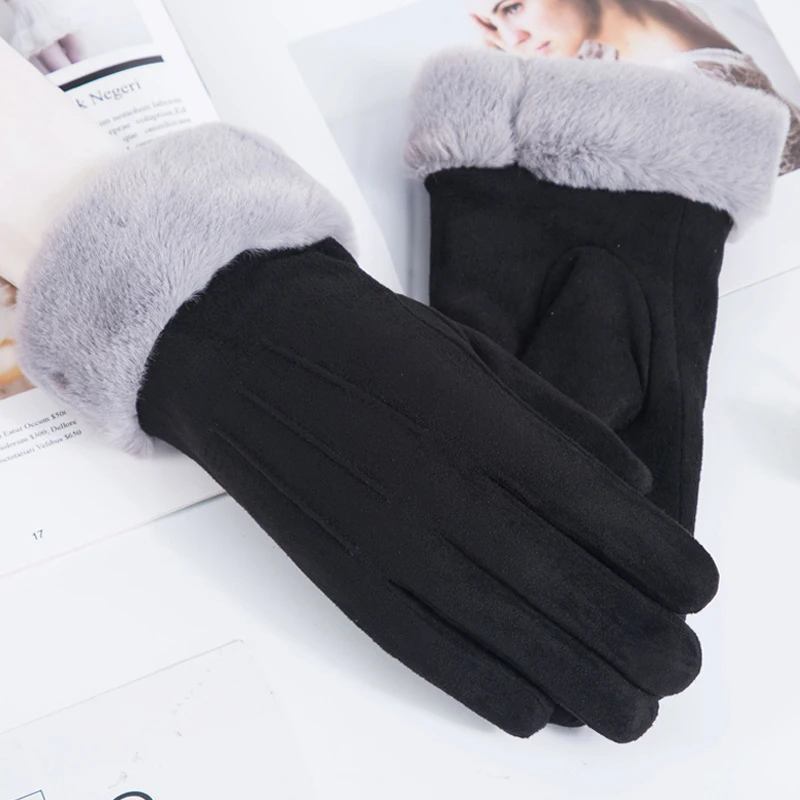 

Winter Keep Warm Cycling Ladies Deerskin Velvet Gloves Cute Fashion Outdoor Fleece Lined Thickened Touch Screen Gloves