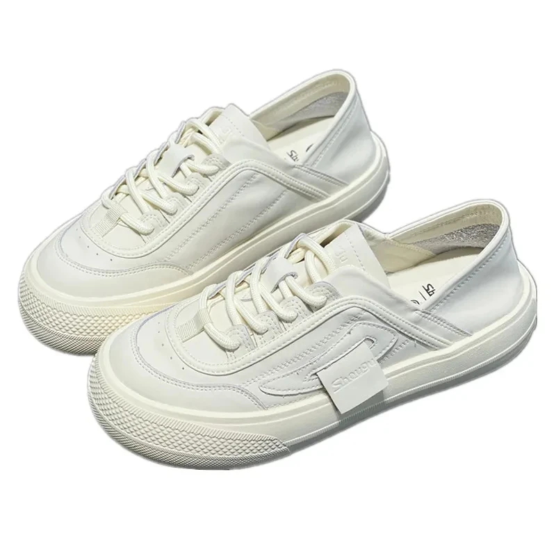 

Thick-soled PU Leather Small White Shoes Korean Style All-match Lace-up Women Half Slippers Outdoor Low-cut Lady Vulcanize Shoes
