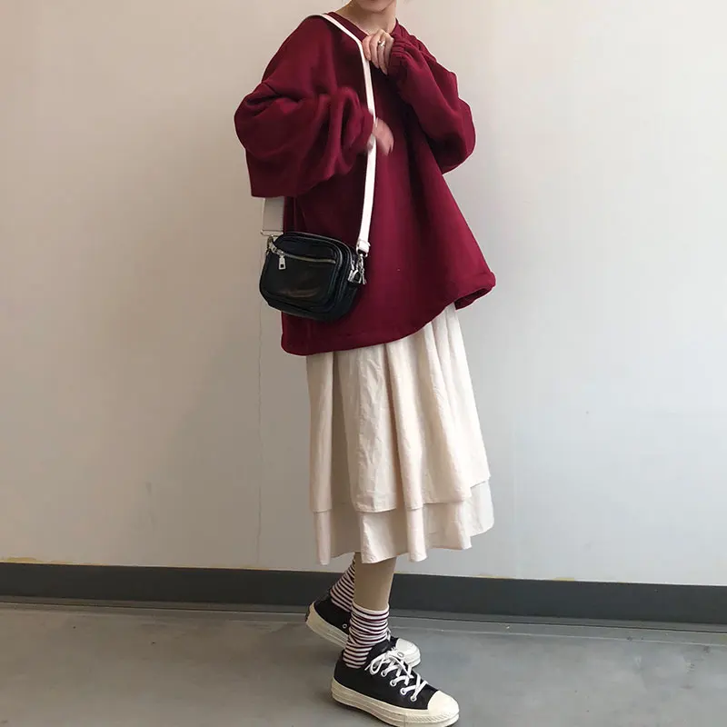 

New harajuku casual Womens skirt High Elastic Waist Long Skirts Solid Color Asymmetrical A-line Skirts 2 Colors Autumn 2020