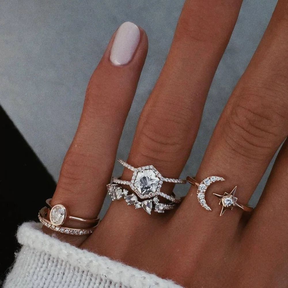 

5pcs/set New Boho Rings Trendy 2021 Personality Moon Hexagon Irregular Pattern Ring For Women Golden Grunge Jewelry Wholesale