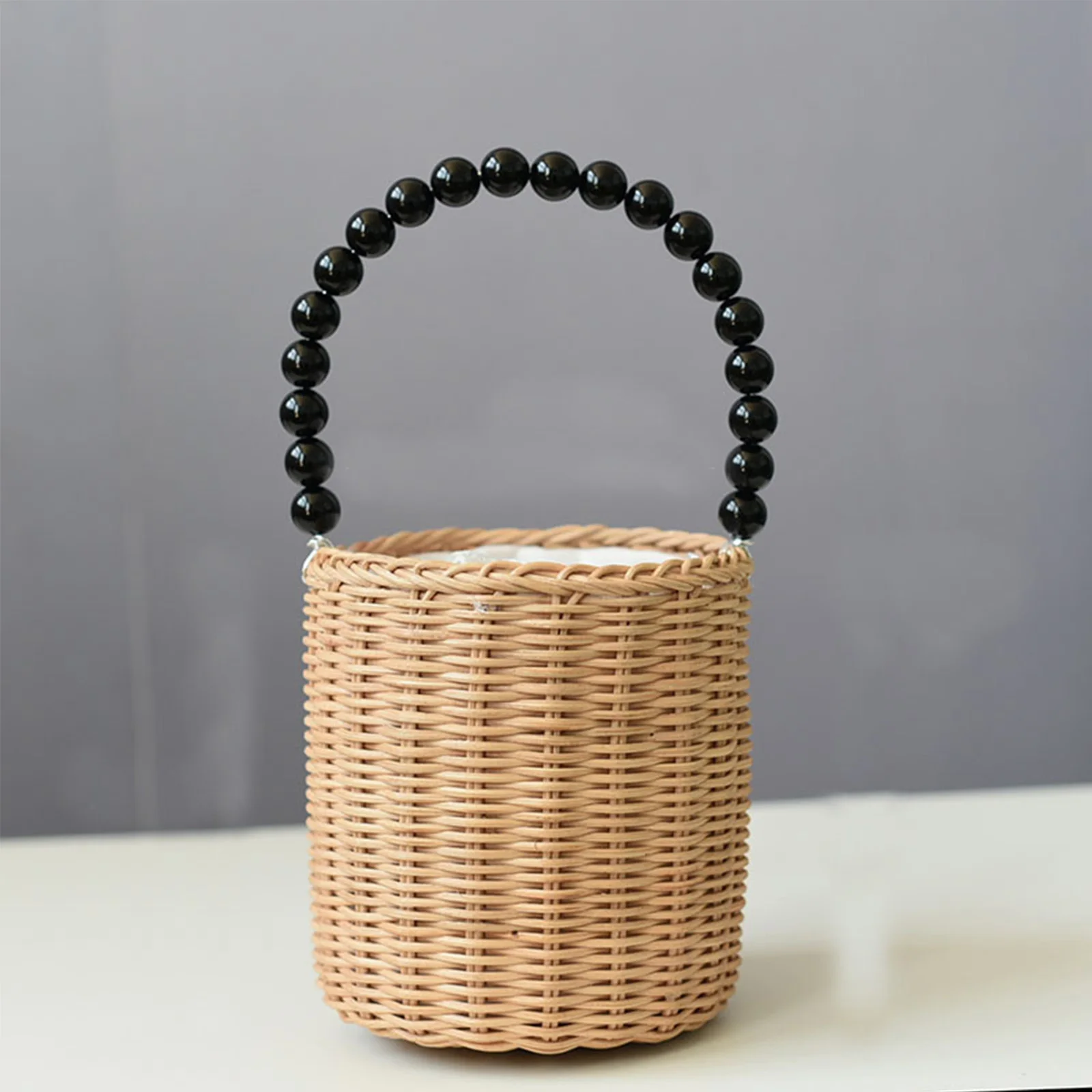 

New Versatile Rattan Woven Storage Cosmetic Bag with Pearl Handle Rattan Basket Picnic Bag Picnic Photography Props Household