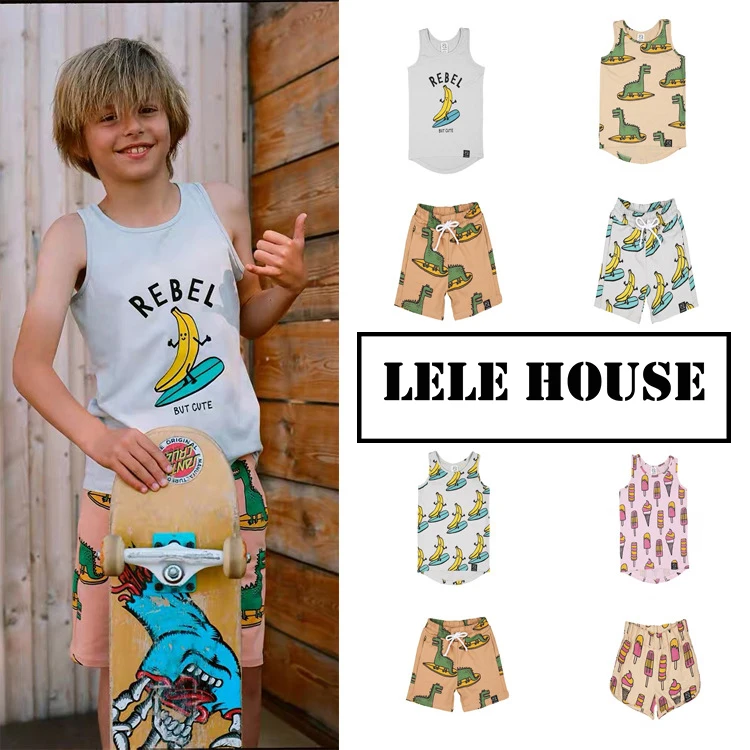 

kuku 2020 summer new product ins kuku dinosaur ice cream vest cartoon printing T-shirt shorts children