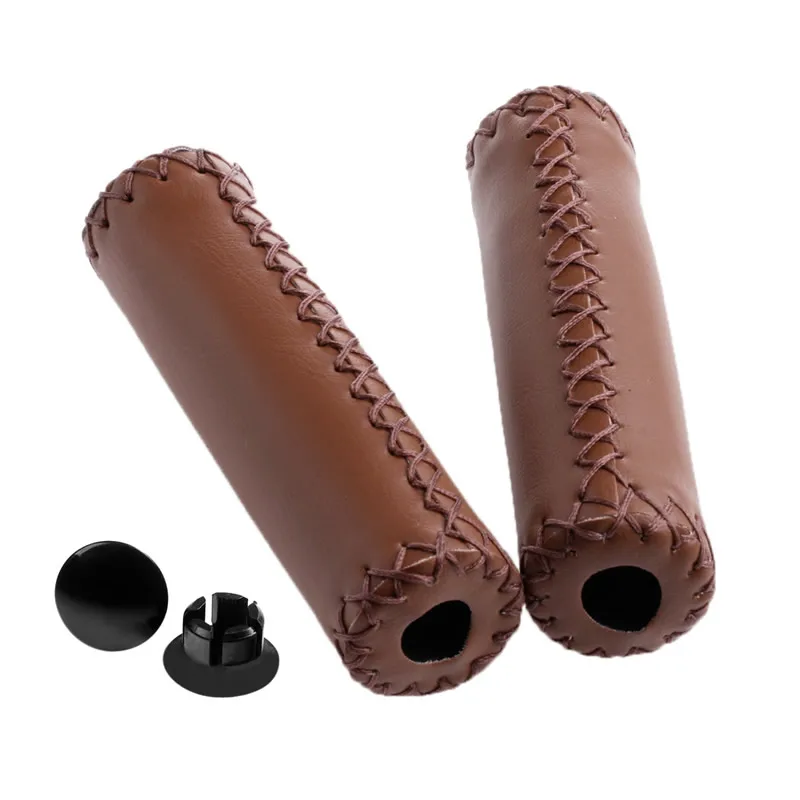 

1Pair Brown Stitched Leather MTB BMX Road Mountain Cycling Bike Bicycle Handlebar End Grips Drop Shipping Support