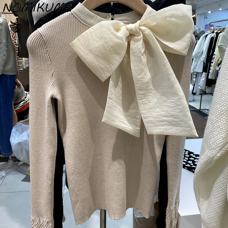 Фото Nomikuma милый тонкий пуловер с бантом и О-образным вырезом трикотажная одежда 2021