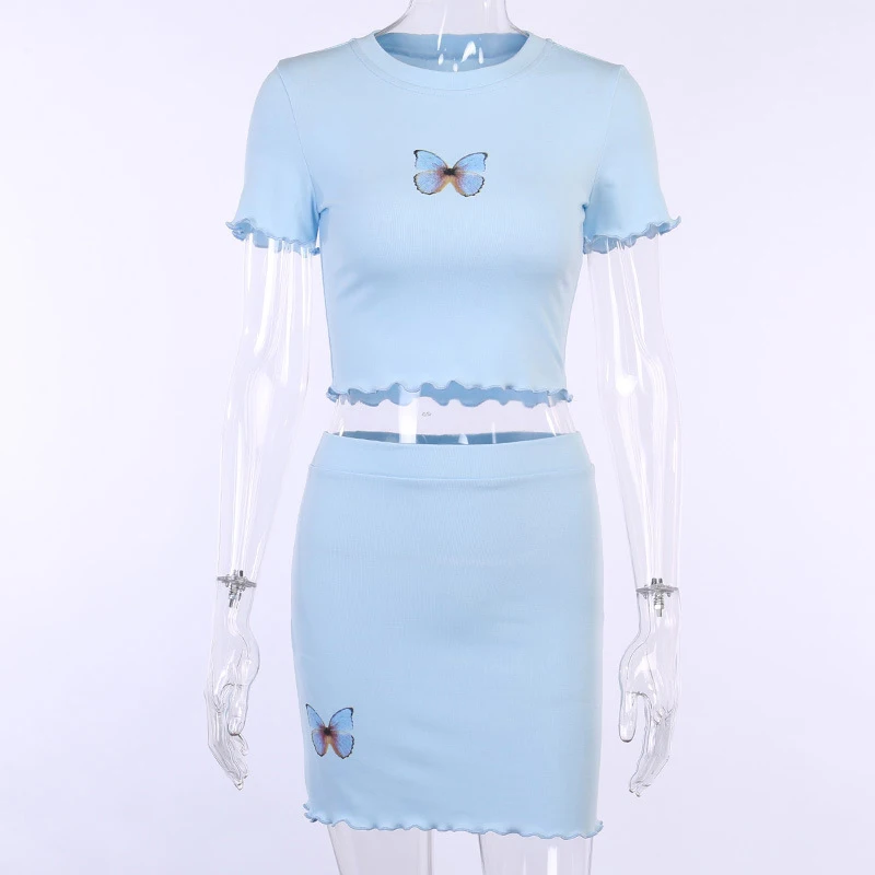 Women's Sets Summer Butterfly Printed Two Piece Set Women Casual O Neck Puff Sleeve Solid Crop Top and Pencil Skirts Ladies |
