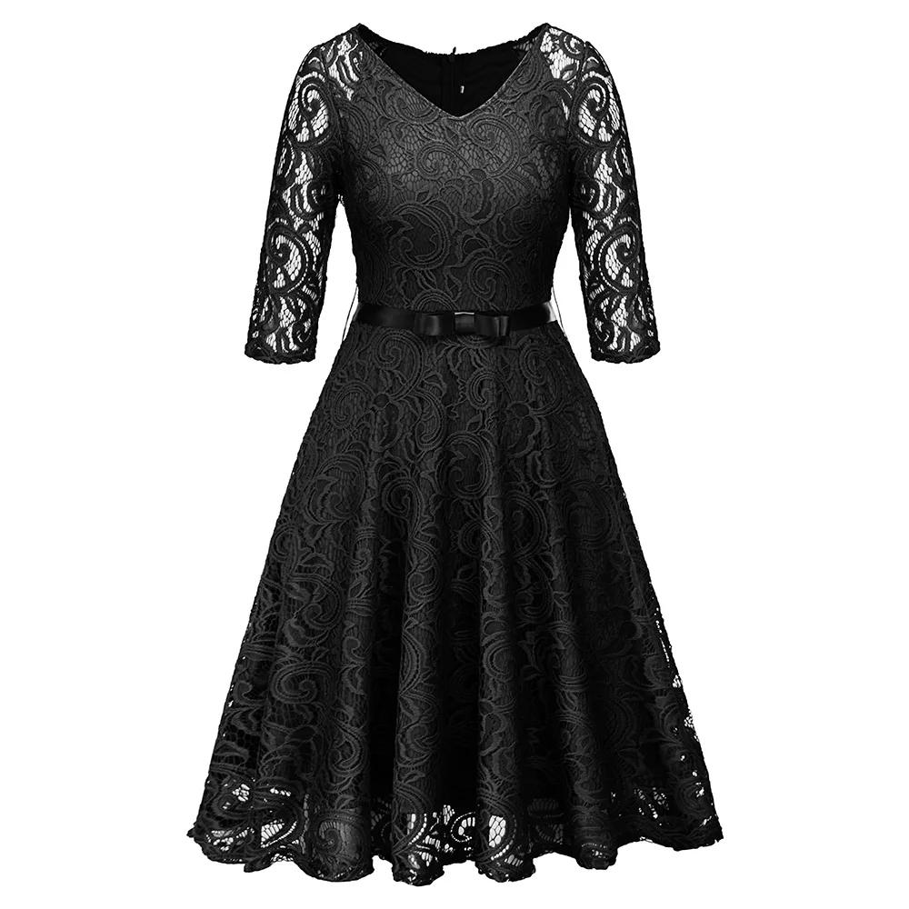 Retro Black Women Prom Party Dress Blue Green Hollow Out Floral Lace Midi Bow Ribbon Belt Spring Summer Office Dresses |