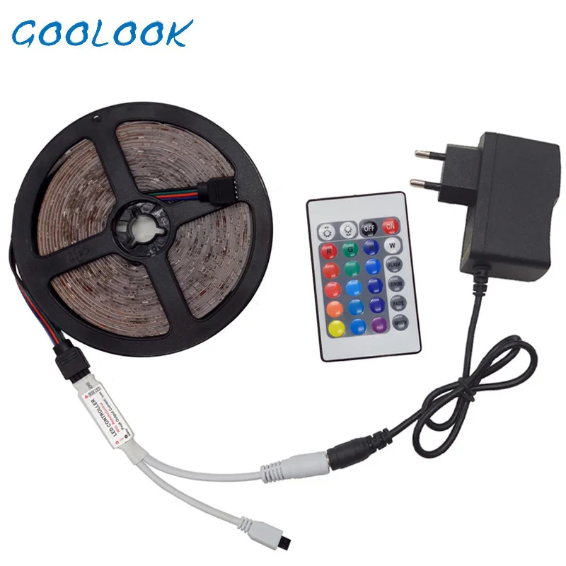 Goolook 5 м SMD2835 RGB Светодиодные ленты света DC12V светодиодный лампы Диод неоновая лента Тира fita светодиодный s Гибкая световая гирлянда с адаптером селфи-Стик