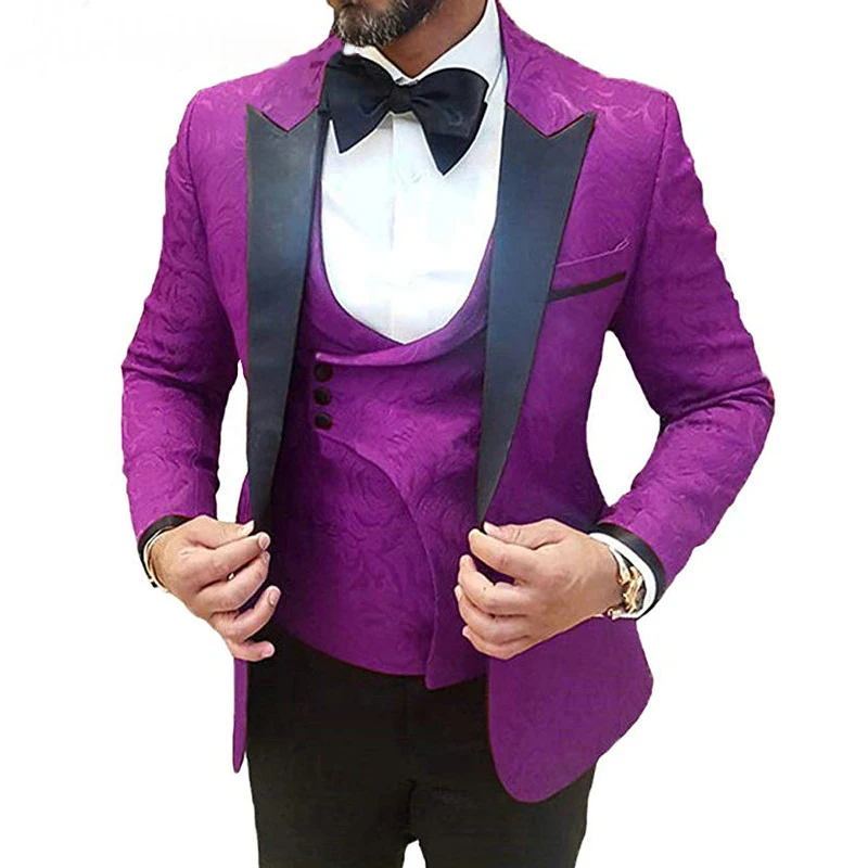 

Purple Prom Men Suits for Wedding Groomsmen Tuxedos 3 piece Floral Pattern Man Suit Set Blazer Vest with Black Pants New Fashion