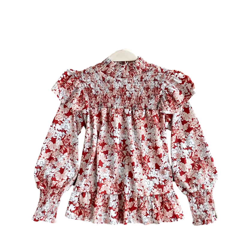 

Chiffon Blouse Elastic Folds Small Stand-up Collar Western Style Wood Ears Puff Sleeve Loose Print Shirt Women UK235
