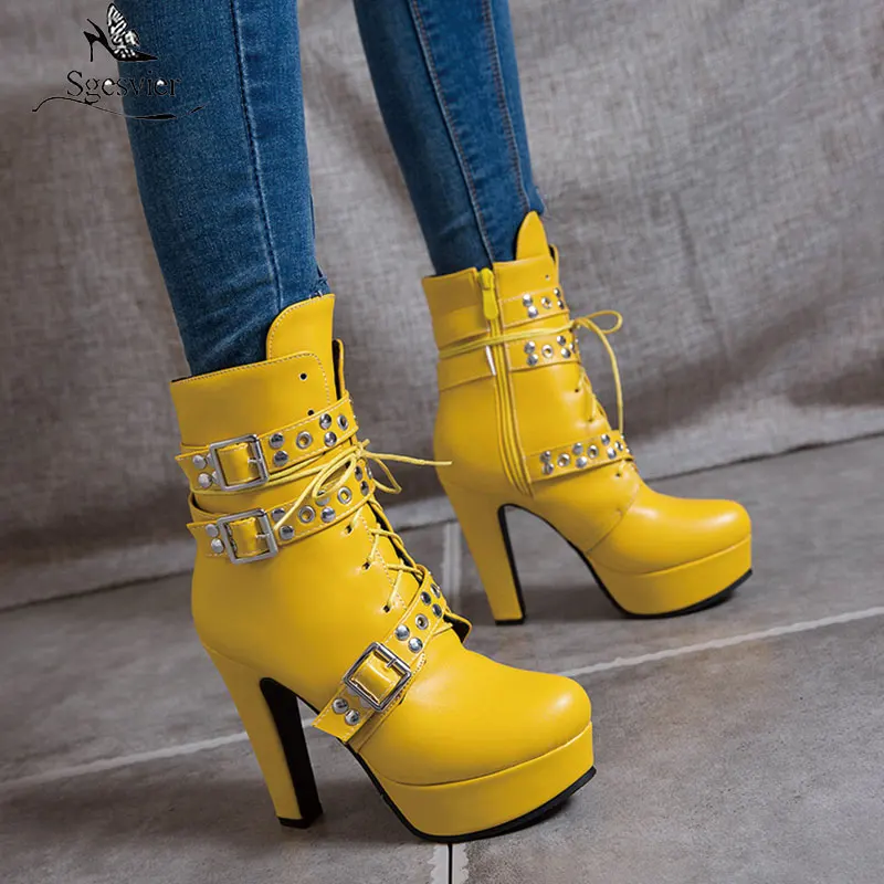 

Sgesvier 5 Color Buckle Rivet Fashion Biker High Heel Boots Platform Yellow Heel Shoes Knight Lace Up Ankle Boots Ladies Booties