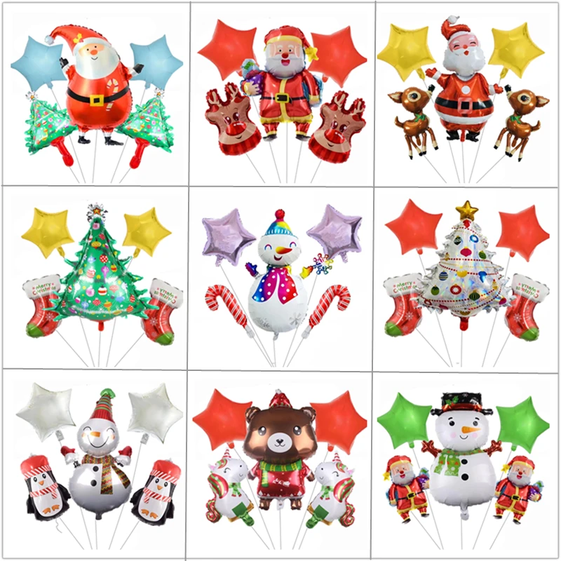 

5pcs Happy Christmas Decoration Aluminum Film Balloon Combination Set Christmas Tree Christmas Snowman Old Man Fawn Shaped Balon
