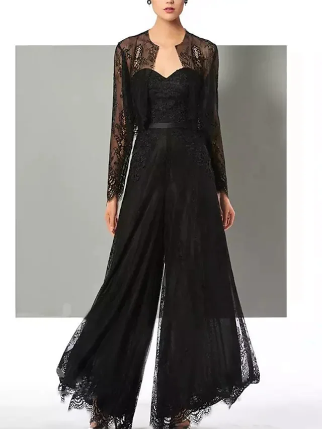 

Black JumpSuits Lace Mother Of The Bride Dresses A-Line Sweetheart Full Sleeve Long Groom Mother Dresses Robe Mere De Mariee