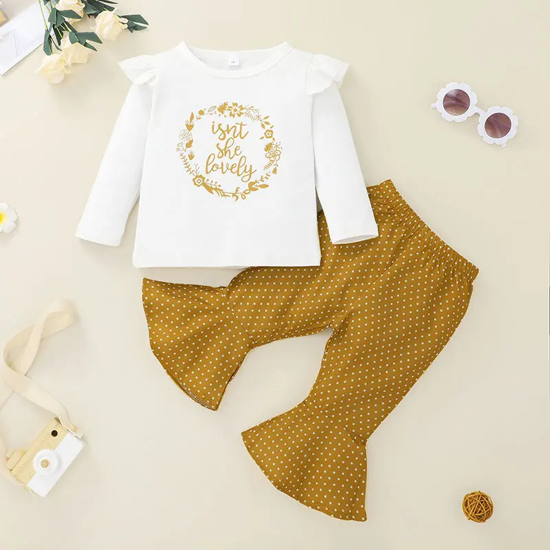 

2021 Winter Children Sets Long Sleeve O Neck Print Garland Letter T-shirt Dot Flare Pants Cute 2Pcs Girls Boys Clothes Sets 0-2T