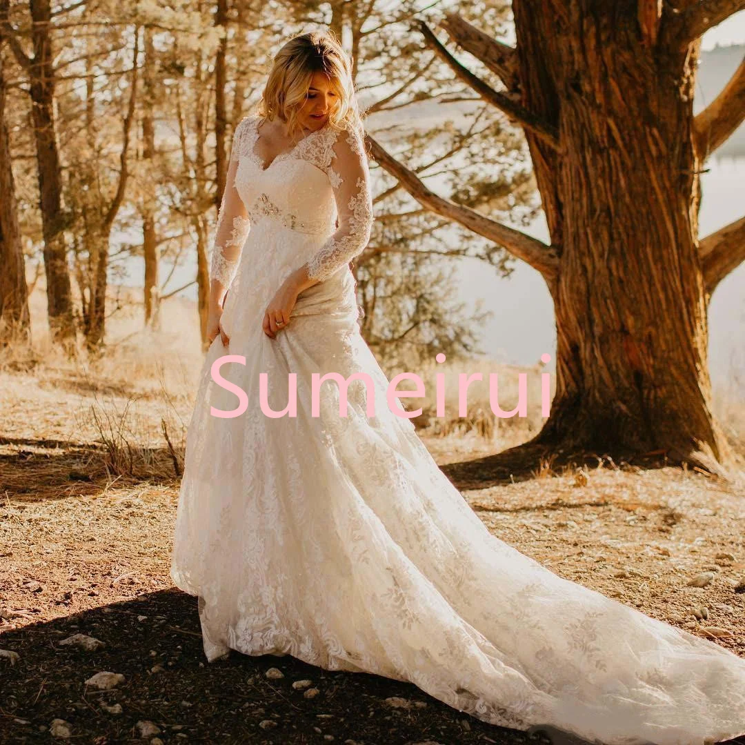 

Plus Size Lace Country Wedding Dresses 2021 New Court Train Beaded V-Neck 3/4 Long Seeve A-Line Bridal Gowns Vestido De Novia