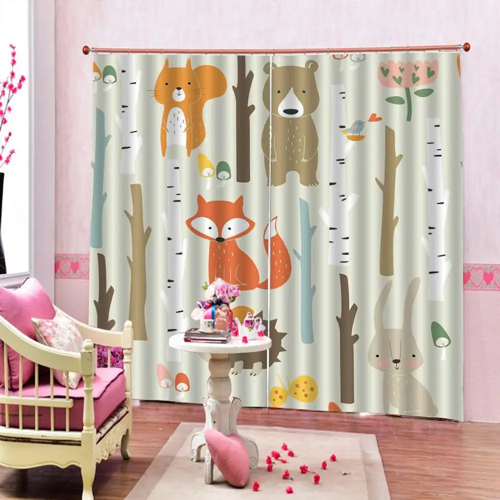 Занавески для детской комнаты с изображением животных лисы медведя кролика