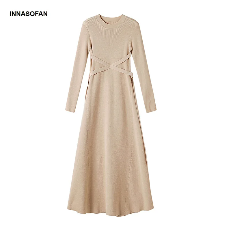 INNASOFAN knitted dress women Autumn Winter long-sleeved dress Euro-American fashion chic dress solid color