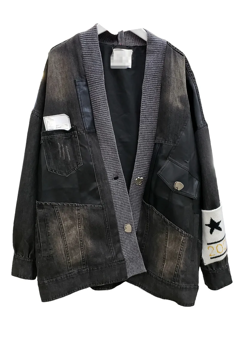 

New Fashion Women Clothing Stand Collar Long Sleeve Knitted Letter Splicing Coat Loose Denim Jacket for Lady