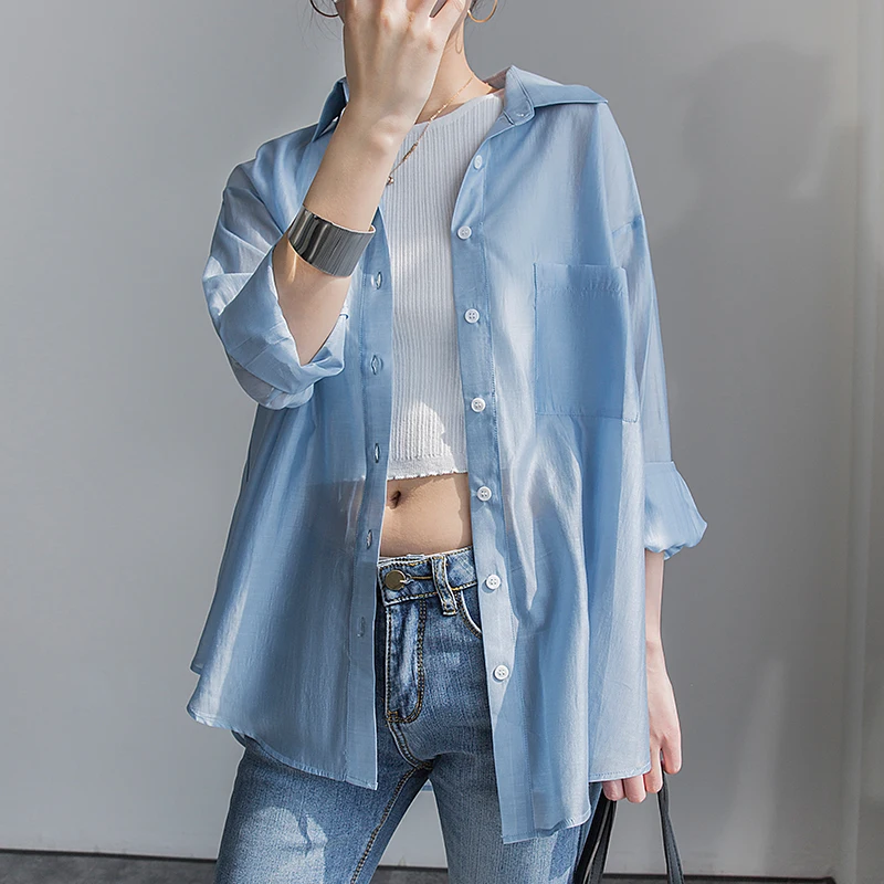 

Блузка женская с отложным воротником, повседневный Тонкий Топ с открытой спиной и длинным рукавом, свободная рубашка с защитой от солнца, ды...