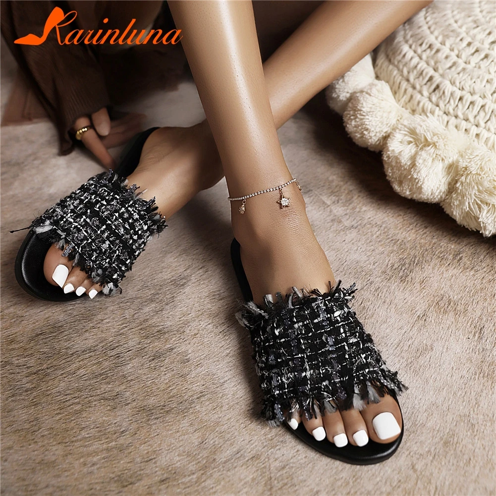 

KARINLUNA Brand New Ladies Low Heel Summer Slippers Fashion Fringe Shollow women's Slippers 2021 Leisure Light Shoes Woman