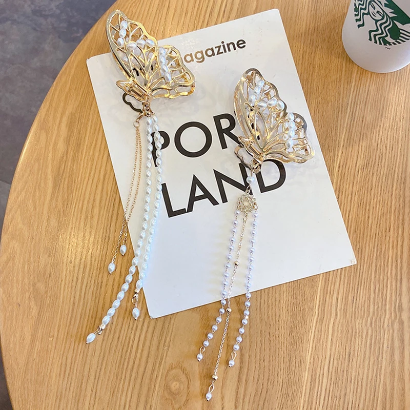 

New Women Elegant Pearls Tassel Hair Claws Hollow Geometric Hairpin Temperament Headdress Shark Clip Fashion Hair Accessories