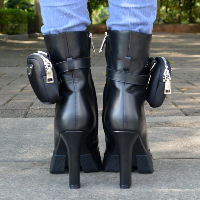 

Super High Heel Belt Buckle Pocket Bag Boots Women Waterproof Platform Side Zipper Motorcycle Boots Metal Decro Bright Leather