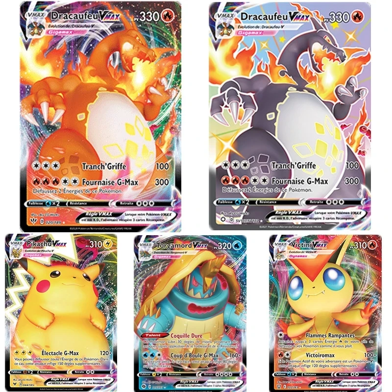 Juego de cartas de Pokemon VMAX, 100 unidades, Dracaufeu, Pikachu, Torgamord, Victini, Scolocendre, MorpekoTrading, juguetes de colecci&oacute;n-0