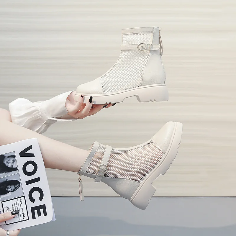 

Summer Martin Cool Boots Women Shoes 2021 Round Toe Air Mesh Female Shoes Hollow Out Casual Style Square Heels Woman Boots