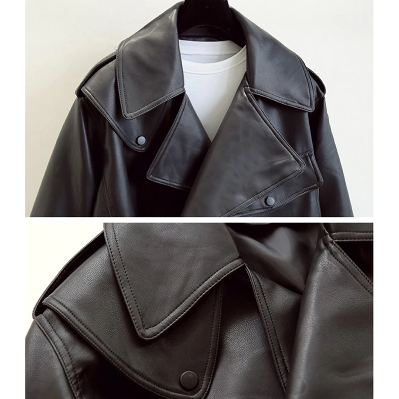 Anbenser Chic Jacket Spring Women Faux Leather Biker White Coat Turndown Collar PU Motorcycle Jackets Loose Streetwear Outerwear