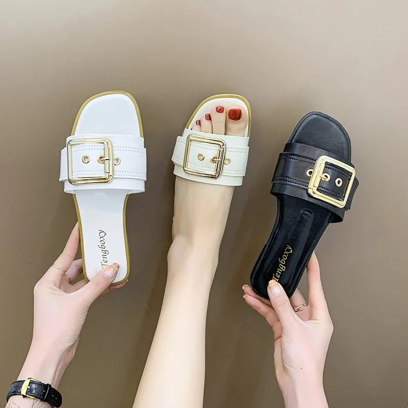 

Women Sandals Summer Beach Flats Belt Buckle Shoes Woman Pu Sandals Leather Slippers Plus Size Flip Flop Mujer Sapato Feminino