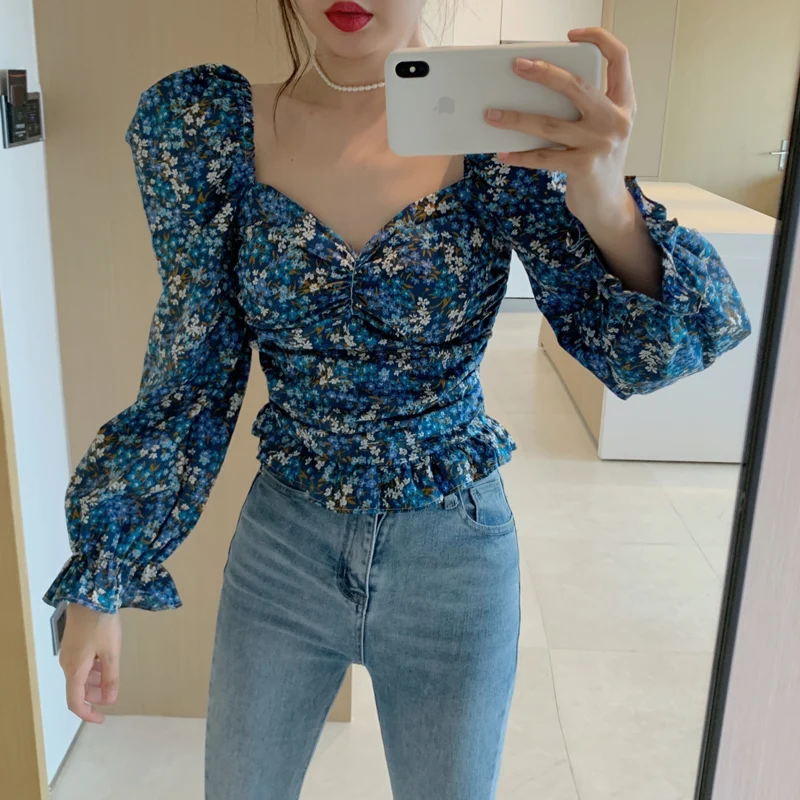 

Женская винтажная блузка во французском стиле, топы и блузки с длинным рукавом и цветочным принтом, с пышными рукавами и V-образным вырезом, ...