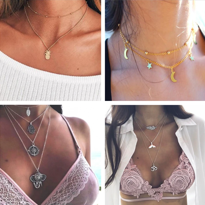 Женская многослойная цепочка с Луной звездами бесконечным листом слоном и