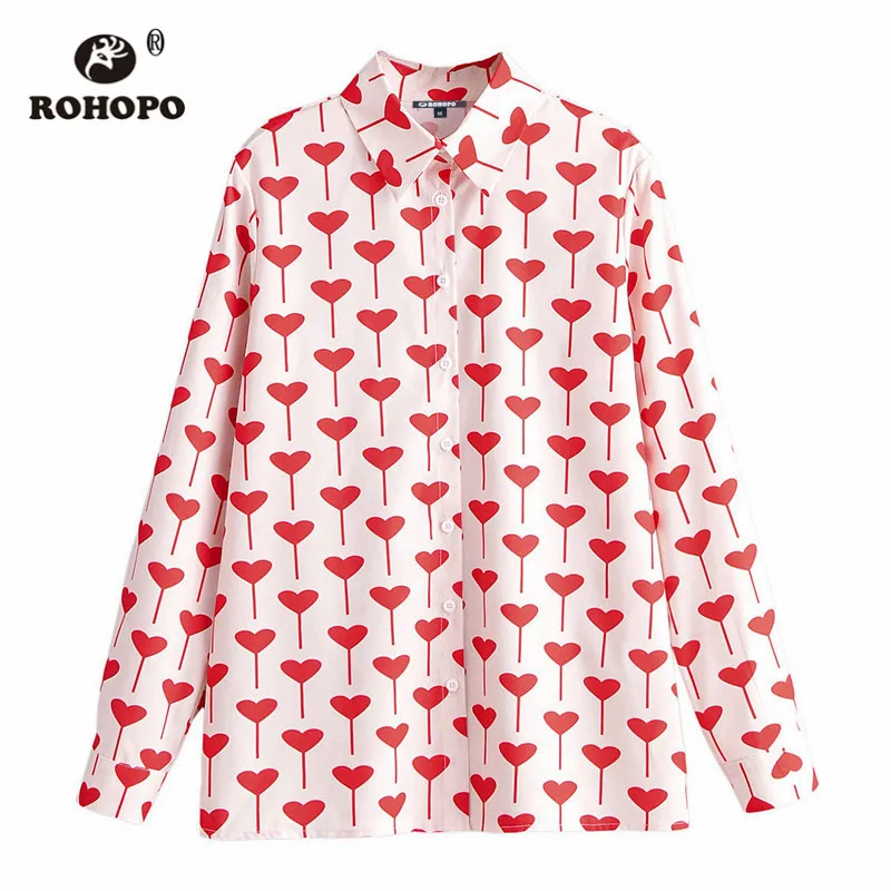 ROHOPO воротник с лацканами сердце принт длинный рукав блузка элегантная женская